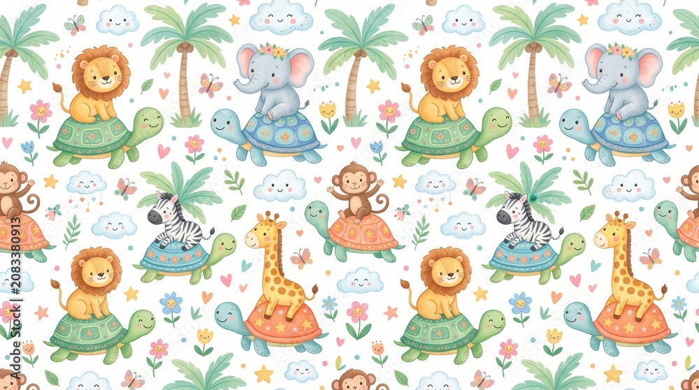 Obraz premium Cute jungle animals including lions, elephants, monkeys, and zebras ride happy tortoises