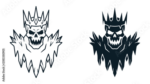 Fotografie King of Skulls Icon: A stylized illustration of a skull wearing a crown and icy collar, presented in both outline and silhouette forms
