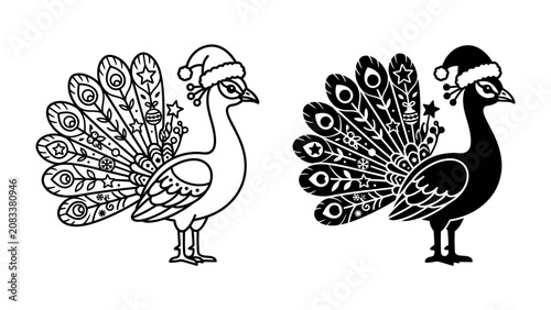 Εκτύπωση καμβά Festive Peacock Duo: Two stylized peacocks adorned with Santa hats and twinkling stars, showcasing their elaborate plumage in a charming holiday-themed illustration