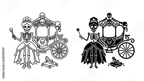 Fotografie Skeleton Princess with Carriage: A whimsical illustration of a skeleton princess in a ball gown stands beside a gothic carriage adorned with skulls