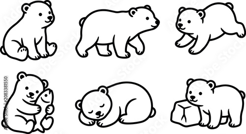 Cute black and white bear cubs sitting walking playing sleeping and holding fish line art