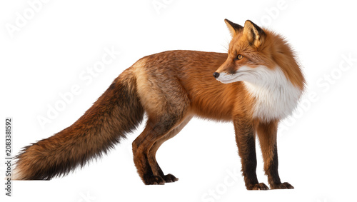 Fotografie Red fox standing profile view with bushy tail and white chest