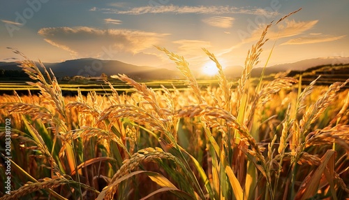 Close Up Of Golden Rice Plants In A Field At Sunset Capturing The Beauty Of Rural Agriculture And Nature
