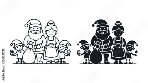 Obraz na płótnie Christmas Family Illustration: A charming illustration depicts a joyful family with Santa Claus, Mrs