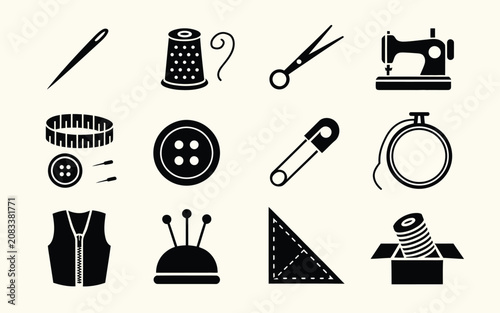 Canvas-taulu Comprehensive set of black silhouette sewing and tailoring icons featuring needles, buttons, sewing machines, and various dressmaking essential tools collection