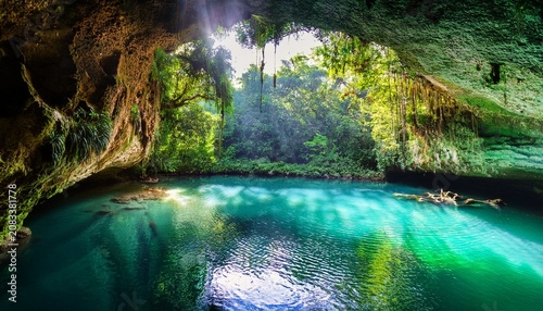 Breathtaking Scene Of A Serene Turquoise Lagoon Nestled Within A Mysterious Tropical Cave Surrounded By Lush Greenery And Sunbeams Filtering Through The Natural Canopy This Enchanting