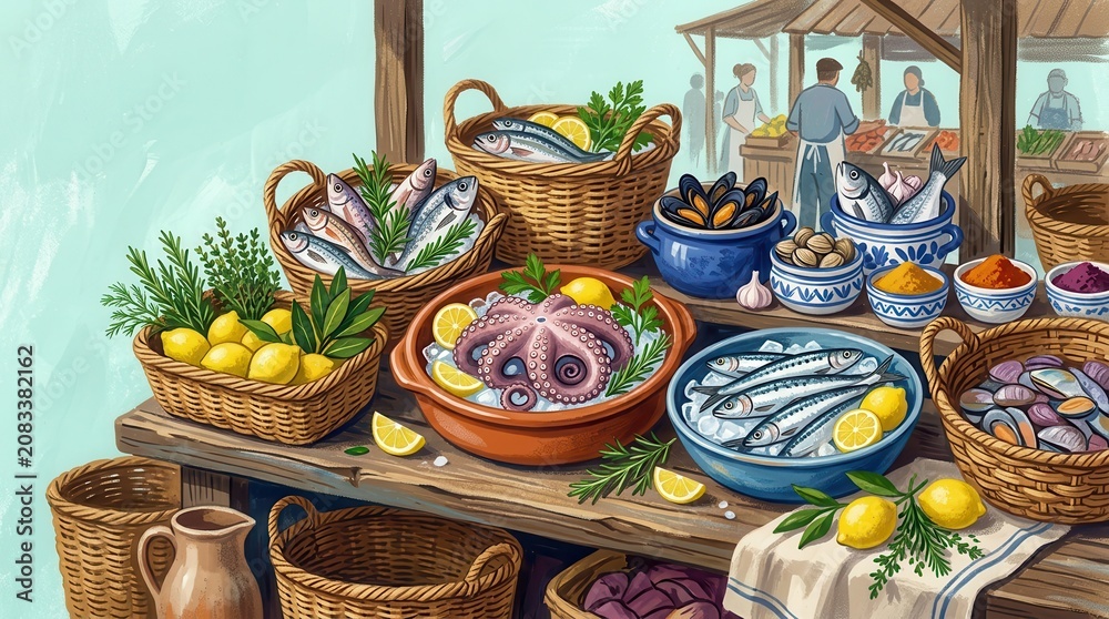 Fototapeta premium Fresh fish, octopus, mussels, and clams displayed with lemons and herbs at a market