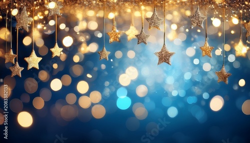 Abstract Bokeh Blue And Silver Background With Gold String Lights And Bokeh Defocused Glitter Celebrate