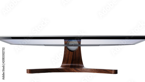 Fotografía Modern computer monitor with sleek metallic bezel and curved wooden stand
