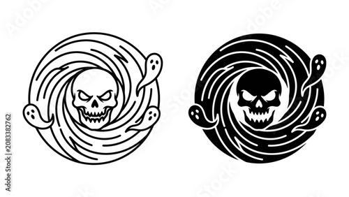 Tableau sur toile Scary Vortex of Skulls and Ghosts: A chilling vortex with a skull at its center and playful ghosts swirling around, presented in both line art and solid black variations