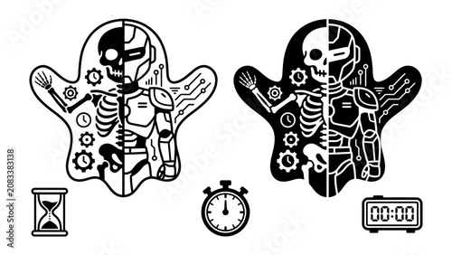 Принти на полотні Robot Ghost Fusion: Two stylized, ghost-shaped figures, each a stark fusion of robotic mechanics and skeletal anatomy, symbolizing the duality of technology and the ephemeral nature of existence