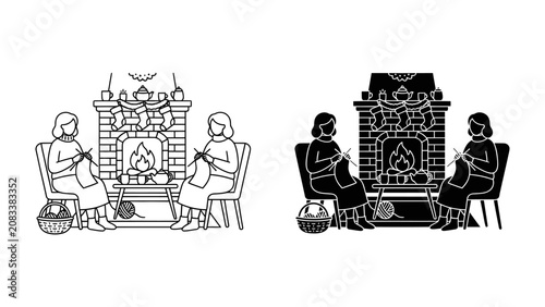 Fotografi Cozy Fireside Knitting: Two women sit by a warm, decorative fireplace, each engrossed in knitting