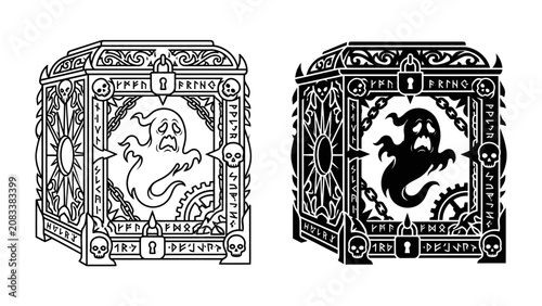 Canvas Print Haunted Treasure Chest: A mystical treasure chest adorned with spooky ghost imagery and intricate, enigmatic symbols