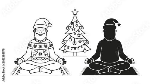 Canvas-taulu Christmas Meditation: Two figures, one in a festive sweater and Santa hat, the other a silhouette in a Santa hat, sit in a meditative pose beside a decorated Christmas tree