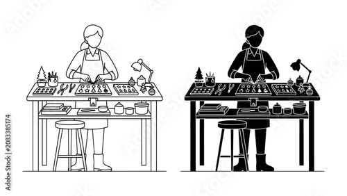 Photos Crafting Creation: A woman diligently works at a craft table, surrounded by tools and materials, engrossed in her creative project