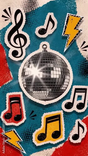 Pop Art Halftone Music Notes and Disco Ball Illustration, Nightlife Entertainment and Dance Party Icons in Distressed Torn Paper Collage Style, Vertical Video