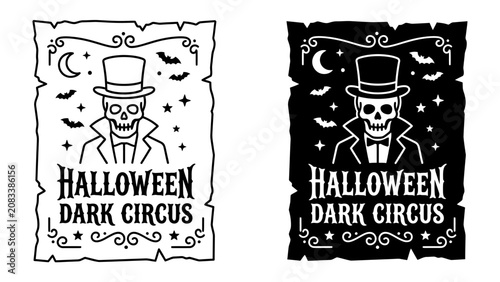 Fotografía Halloween Dark Circus Poster: Two vintage-style posters, one in black and white and the other in silhouette, advertise a spooky Halloween Dark Circus with a dapper skeleton ringmaster, bats
