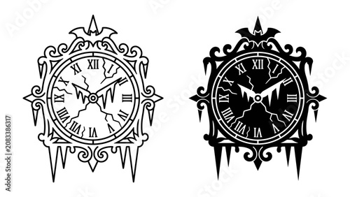Quadro su tela Gothic Clock with Icicles: A stylized, gothic-inspired clock face adorned with Roman numerals and intricate decorative elements, partially encased in icy shards and icicles