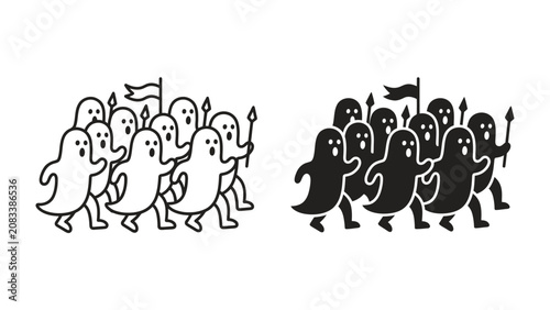 Quadro su tela Marching Ghosts: A whimsical illustration of a group of cartoon ghosts, marching in formation, some holding flags and spears, in both white and black color variations