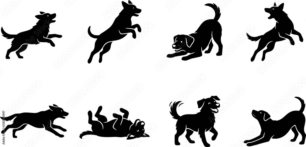 Fototapeta premium Black dog silhouettes in playful poses including running, jumping, rolling, crouching, and standing alert for creative design use