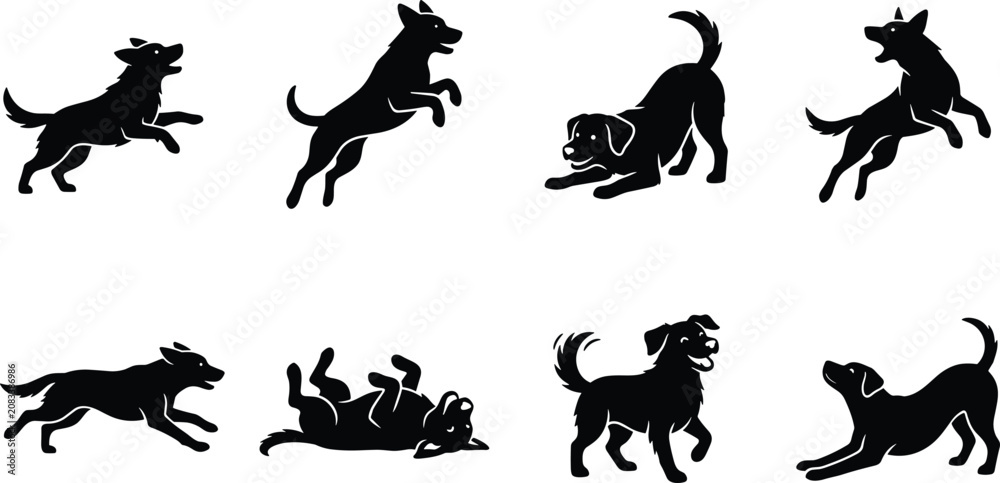Obraz premium Black dog silhouettes in playful poses including running, jumping, rolling, crouching, and standing alert for creative design use