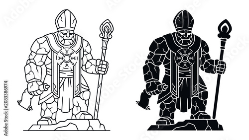Fotografia Masonic Bishop Statue Icon: A stylized, powerful Masonic bishop figure rendered in both line art and silhouette, standing tall with a staff, symbolizing faith and authority