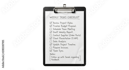 Quadro su tela Weekly tasks checklist on a clipboard with completed and pending items