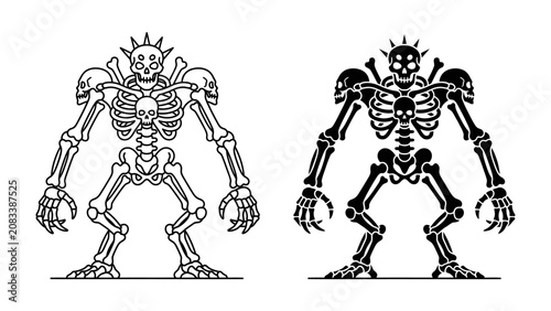 Slika na platnu Monster Skeleton Duo: A formidable skeletal monster, depicted in both outline and solid black, stands with menacing claws and a crowned skull, ready to inspire awe and fear