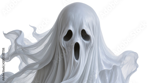 Fotografie Scary white ghost with flowing fabric and dark eye sockets