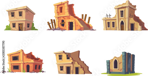 Bild auf Leinwand Damaged abandoned buildings collection, ruined house disaster vector illustratio