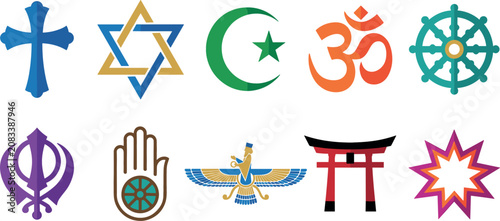 Schilderij op canvas World Religions Spiritual Icon Set Featuring Christian Cross Star of David Cresc