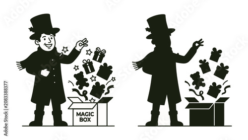 Fényképezés Magic Trick Reveal: A joyful illusionist in a top hat conjures gifts and toys from an open box, showcasing a delightful magic trick