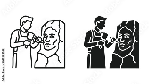 Photos Sculptor at Work: A sculptor, depicted in both outline and silhouette, meticulously carves a human face into a stone block using a chisel and hammer, showcasing the art of creation