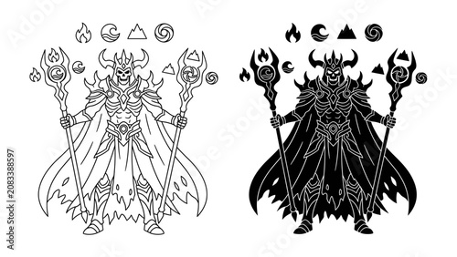 Fotografija Mystical Sorcerer Duo: An enigmatic sorcerer, depicted in both line art and silhouette, stands regally with powerful staffs, surrounded by ancient elemental symbols