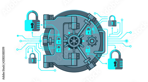 Digital Security Vault with Padlocks and Circuitry Flat Vector
