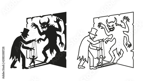 Tableau sur toile Puppet Master and Shadow Monster: A shadowy figure in a top hat manipulates a small puppet, casting a monstrous shadow of a demon on the wall, illustrating a concept of control or hidden influence