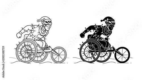 Canvastavla Wheelchair Athlete in Christmas Lights: A dynamic illustration of a wheelchair athlete, adorned with festive Christmas lights and a Santa hat, capturing the spirit of holiday sports and determination