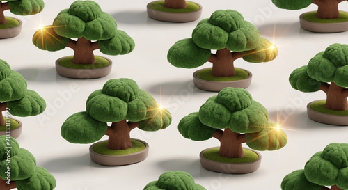 Green stylized trees arranged in a repeating pattern on a light background.