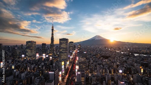 Modern city skyline glows at sunset with a mountain peak