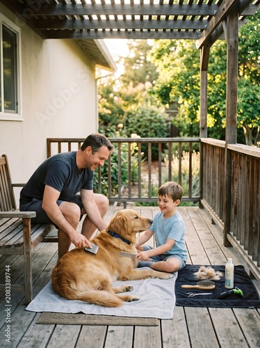 Father and son happily grooming their golden retriever dog on a wooden deck during late summer