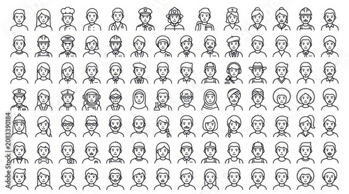Large collection of diverse people avatar icons in line art style