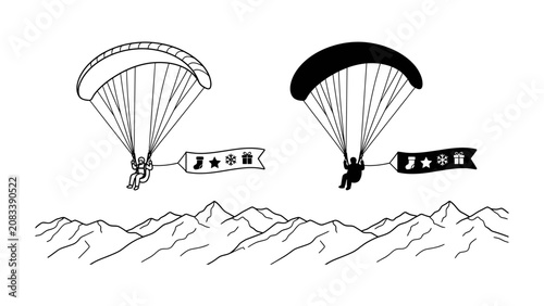 Schilderij op canvas Paragliding Over Mountains with Festive Banners: Two individuals paraglide over a majestic mountain range, each holding a banner adorned with festive holiday icons