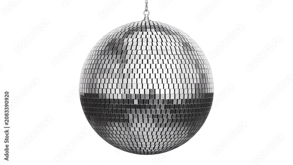 Fototapeta premium Silver disco ball with reflective square mirrors hanging by chain