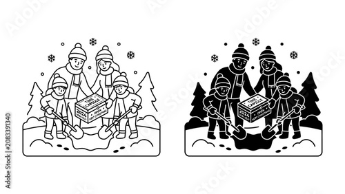Bild auf Leinwand Winter Family Fun: A heartwarming illustration depicts a family working together to clear snow in a winter wonderland, surrounded by pine trees and snowflakes, embodying togetherness and seasonal joy
