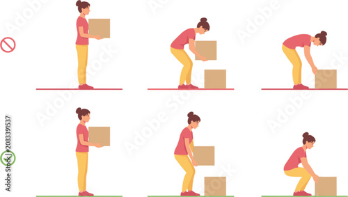 Foto Proper lifting posture guide, safe box handling technique vector illustration is