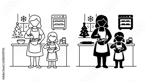 Fotografie Holiday Baking with Family: Two figures, a parent and child, bake together in a festive kitchen, complete with a Christmas tree and oven, creating a heartwarming scene of domestic joy and tradition
