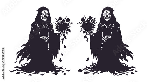 Foto Grim Reaper Sisters Holding Bouquets: Two skeletal figures, cloaked in dark robes and adorned with crescent moon and star motifs, stand mirroring each other, each holding a bouquet of wilting flowers