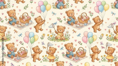 Cute teddy bears picnic with cookies, hold colorful balloons, and catch insects in a sunny meadow