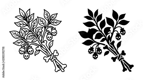 Schilderij op canvas Skulls and Berries Bouquet: An artistic representation of a bouquet featuring skulls, berries, and bones tied with twine, presented in both outlined and silhouette forms