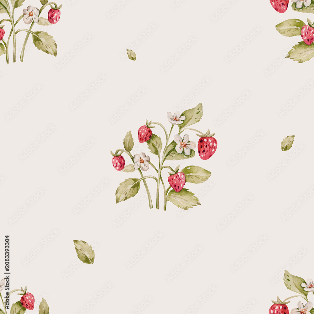 Fototapeta premium Whimsical Woodland Pattern with charming and delicate seamless pattern featuring soft color mushrooms, sprigs of foliage, and tiny berries, creating a whimsical woodland scene